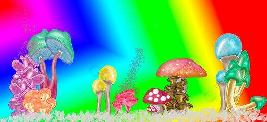 Hand drawn Mystical Magical Mushrooms in vibrant colors  