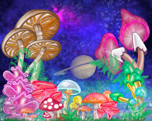 Hand drawn Mystical Magical Mushrooms in vibrant colors  