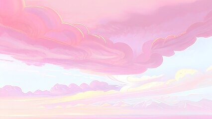 Fototapeta na wymiar Pink sky landscape with clouds and mountains for 16:9 wallpapers. Pink digital art illustrations