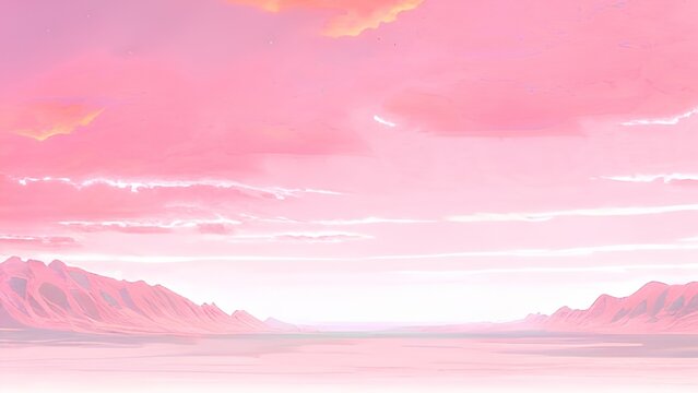 Pink sky landscape with clouds and mountains for 16:9 wallpapers. Pink digital art illustrations