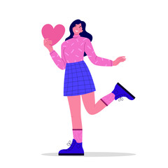 Valentine's Day or 14-february girl character concept, in flat style. Full legs body size vertical feminine girl with heart. Girl hold big paper red heart thinking about date invitation.