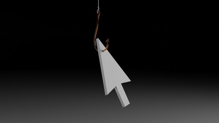 Mouse pointer hooked on a fish hook symbolizing internet clickbait.