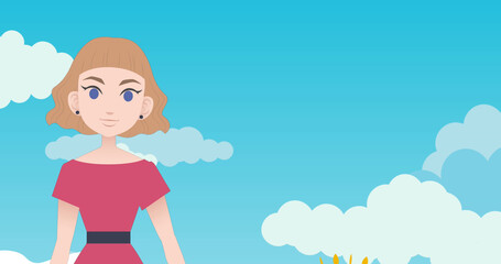Image of pictogram of woman in pink dress with copy space on blue sky with clouds background
