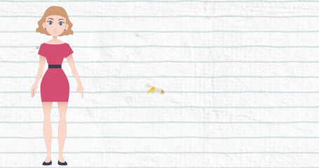Image of pictogram of woman in pink dress with copy space on ruled paper background