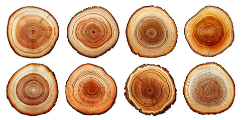Set of realistic wood slices. Round cuts of logs. Wooden elements with place for your text. Vector illustration - obrazy, fototapety, plakaty