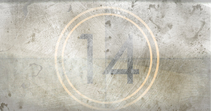 Image Of Number 14 In Circle On Grey Distressed Background