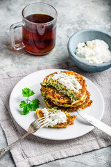 Zucchini parmesan pancakes with dip