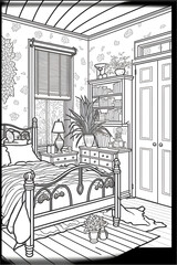Bedroom interior for colouring book, colouring Pages, colouring Pages bedroom interior 