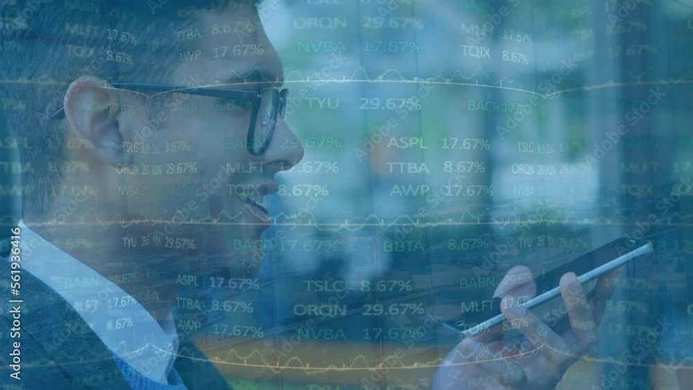 Poster animation of financial data processing over biracial businessman using smartphone