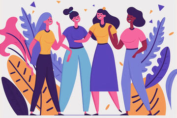 Abstract group of cheerful powerful women against white background. Feminist cartoon characters. Flat vector art illustration, generative art