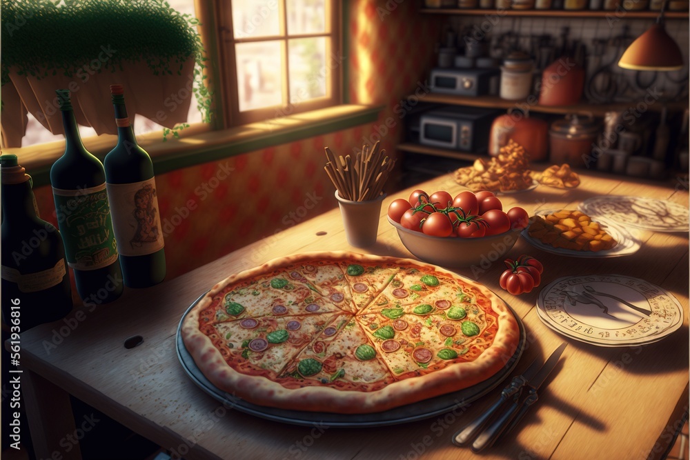 Poster a pizza sitting on top of a wooden table next to a bowl of fruit and a bottle of wine and a plate of