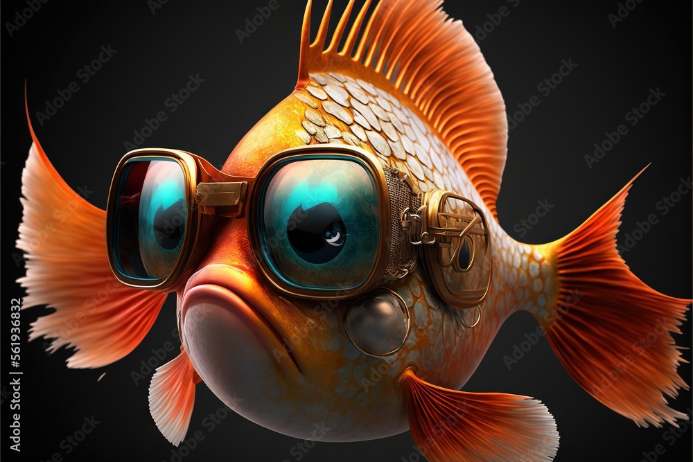 Poster a goldfish wearing goggles and a diving mask with a black background is featured in this image with 