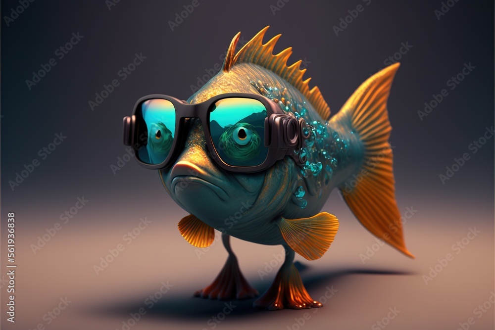 Poster a fish with goggles and a pair of glasses on its face is standing on a gray surface with a black bac