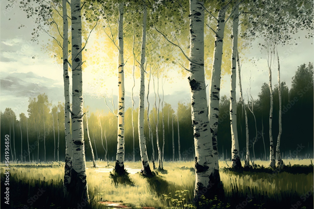 Poster a painting of a forest with a stream running through it and trees in the background with a sun shini
