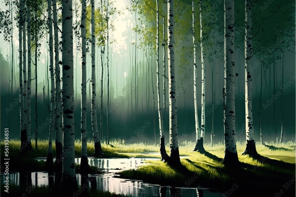 Poster a painting of a forest with a pond and trees in the foreground and a green sky in the background wit