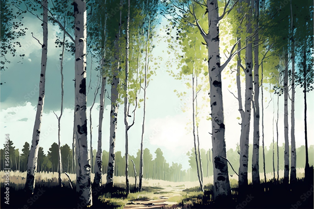 Poster a painting of a dirt road surrounded by trees and grass with a sky background and sun shining throug