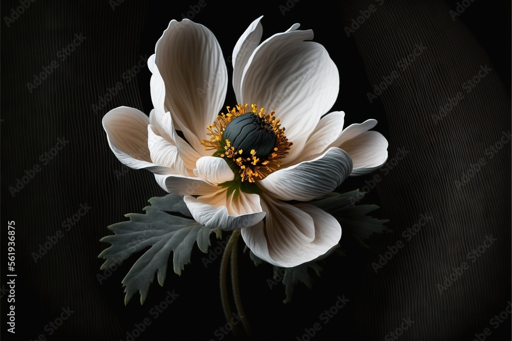 Poster a white flower with a green center on a black background with a black background behind it and a bla