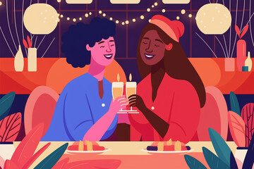 Lesbian couple in a restaurant making a toast, on a first date, or celebrating anniversary. Flat vector art illustration, generative art