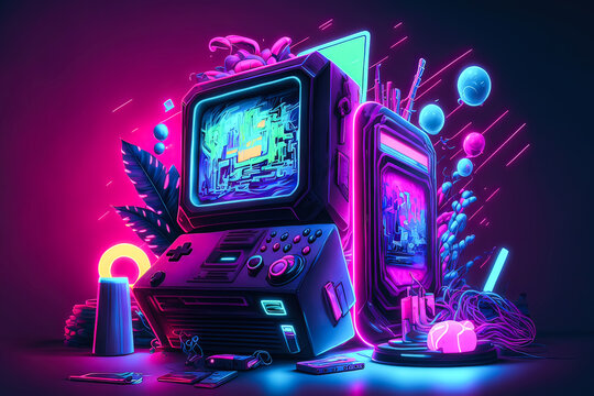 Unique wallpaper is the gamer of the future. Awesome picture of the arcade  machine with neon lights and bright effects. Future of gaming concept.  Generative AI Stock Illustration