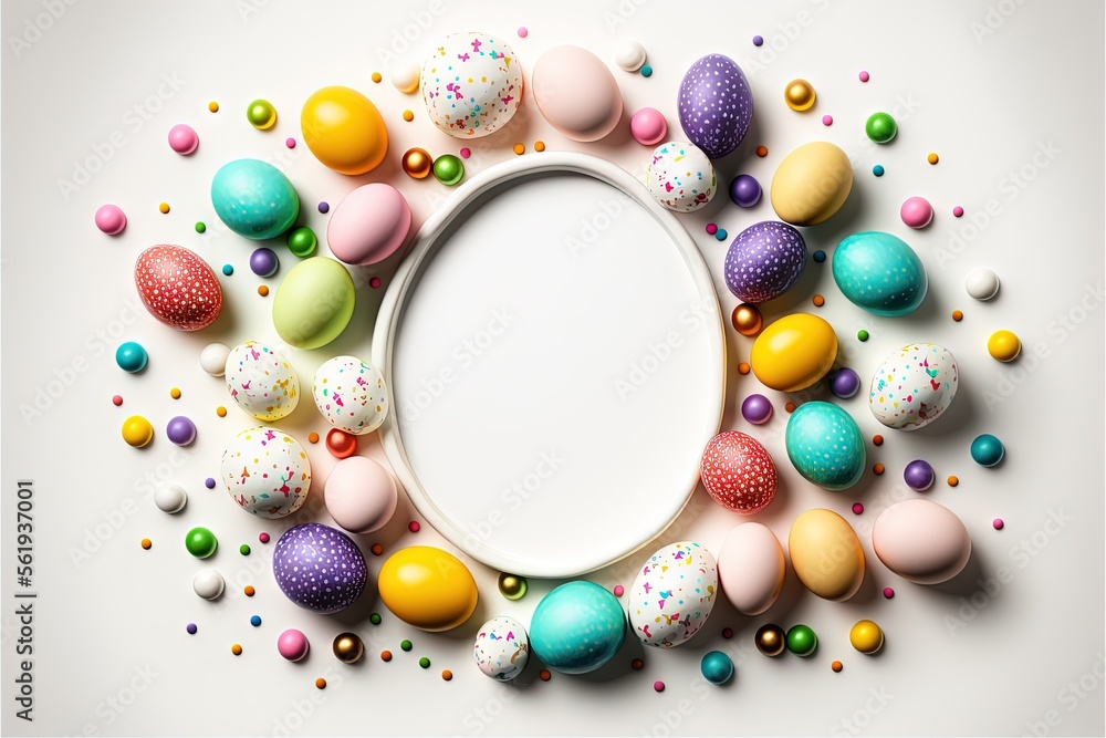 Poster a white oval frame surrounded by colorful eggs and sprinkles on a white background with a white cent