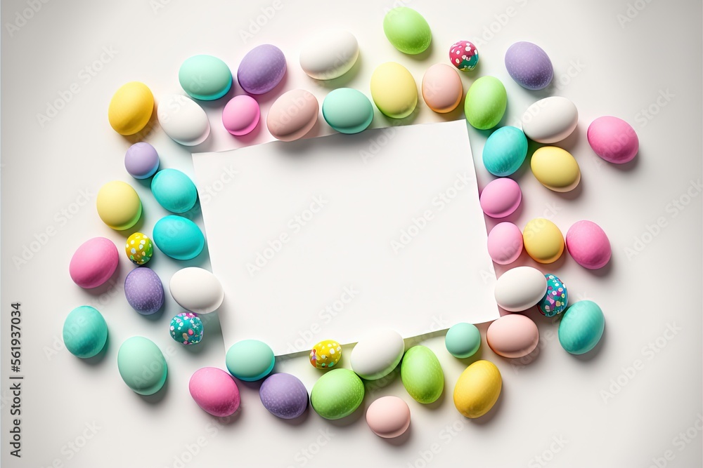 Poster a white paper surrounded by colorful candies and a white background with a white square in the middl