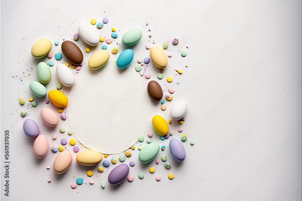 Poster a circle of colorful eggs on a white surface with a white circle in the middle of the circle is a wh