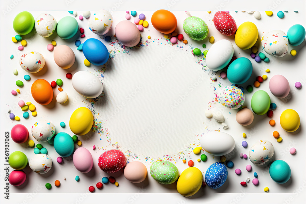 Poster a white background with a bunch of different colored eggs and sprinkles on it, with a white circle i