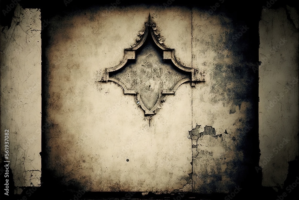 Poster a wall with a decorative design on it's side and a wall with a door in the middle of it, and a wall 