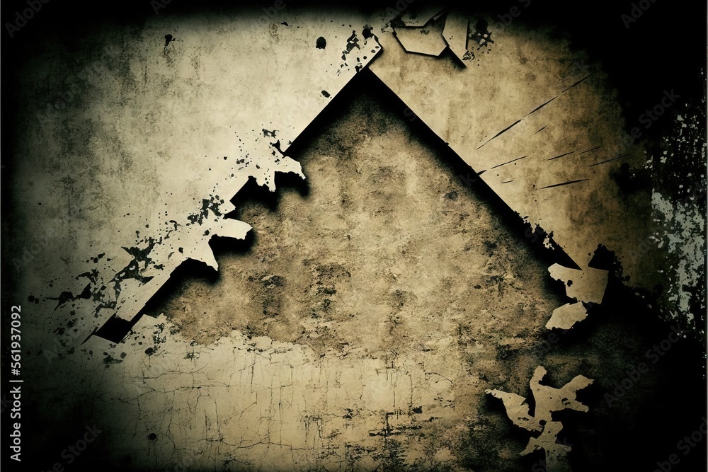 Poster a triangle shaped clock on a wall with a broken frame and a broken wall clock face on the wall with 