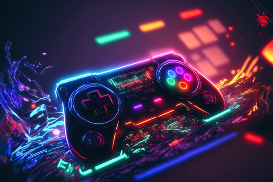 Fototapeta Neon-stylized gamepad in a unique design. Future of gaming. Console gaming. Generative AI. Arcade.