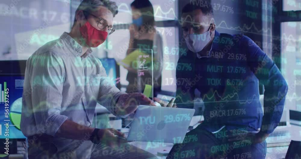 Poster animation of financial data processing over two diverse men wearing face mask discussing at office