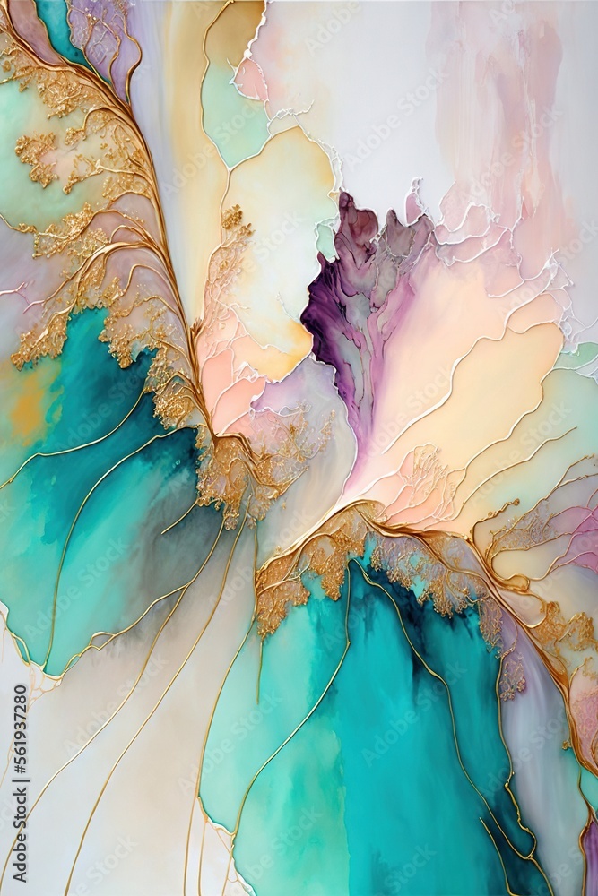 Poster a painting with a gold leaf on it and a blue and pink background with gold leaf on it and a white ba