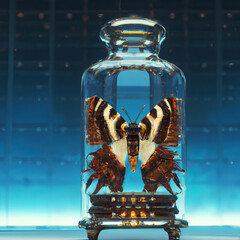 Butterfly or moth  trapped in a glass vial or  jar  in a laboratory or collectors room generative ai illustration