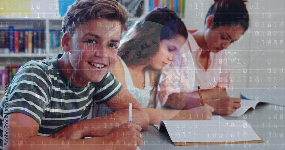 Poster animation of binary coding over a globe against caucasian boy studying at school