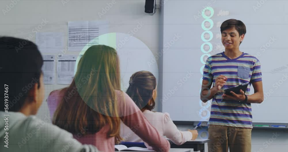 Poster animation of statistical data processing over biracial boy talking in front of class at school
