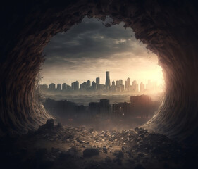 Cave entrance overlooking a apocalypse city skyline. Sunset storm.  - obrazy, fototapety, plakaty