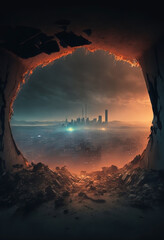Destroyed futuristic city. Post apocalypse skyline. Large stone cave. Gravel and dirt ground. Cinematic sunset. - obrazy, fototapety, plakaty