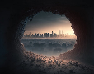 Distant dystopian city. Post apocalypse skyline. Large stone cave. Gravel and dirt ground. Cinematic sunset. - obrazy, fototapety, plakaty
