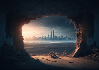 Futuristic city. Post apocalypse skyline. Large stone cave. Gravel and dirt ground. Cinematic sunset. - obrazy, fototapety, plakaty