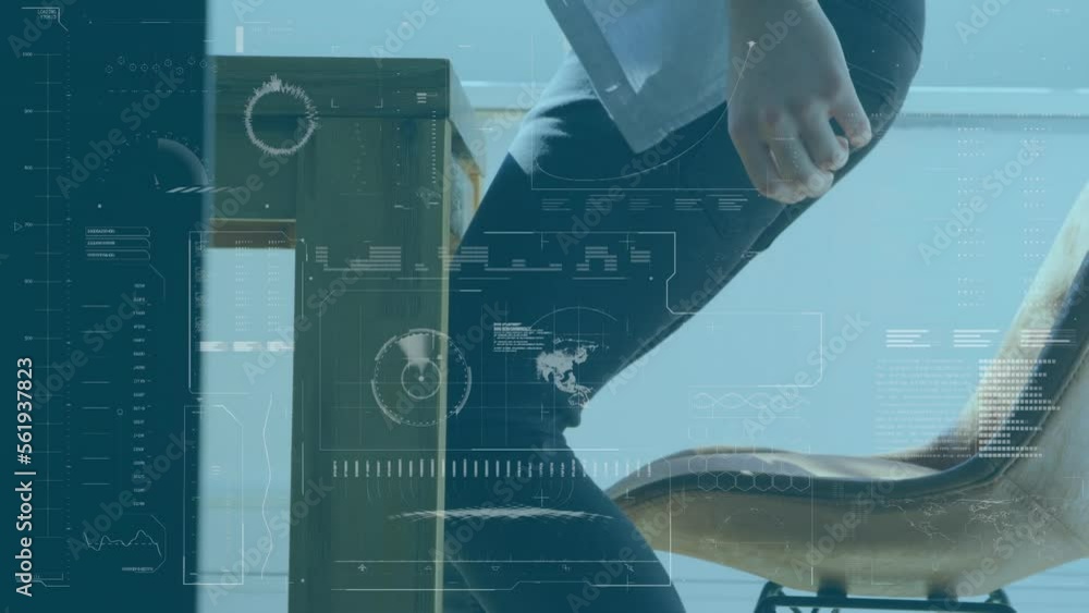 Aufkleber animation of interface with data processing over low section of a man sitting on his chair at office