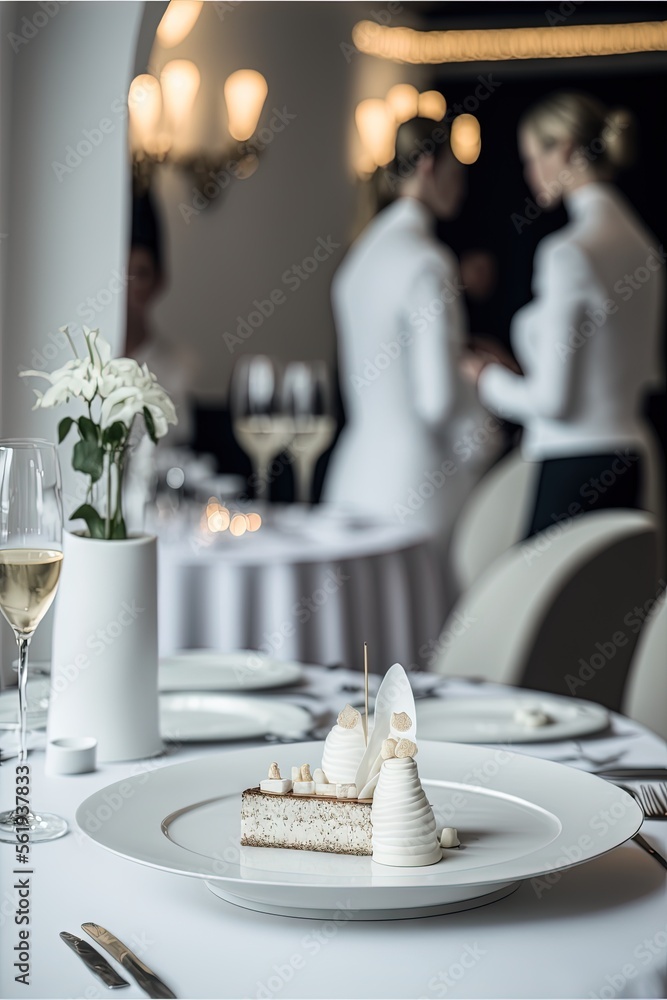 Poster a table with a white plate and a glass of wine and a vase with flowers on it and a couple in the bac