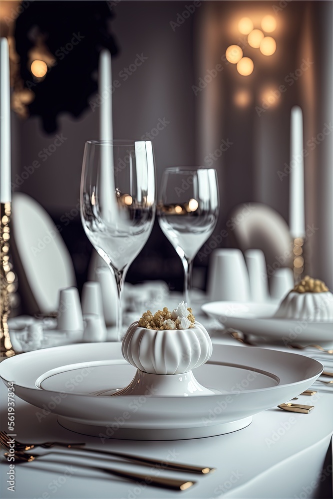Aufkleber a table set with white plates and silverware and candles and place settings for a formal dinner or p