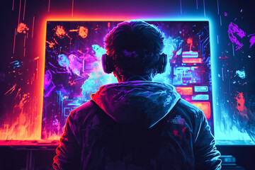 Unique wallpaper is the gamer of the future. Awesome picture of the arcade machine with neon lights and bright effects. Future of gaming concept. Generative AI
