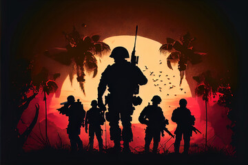 Military (Army, Marines, Navy, Air Force) Veterans. Soldiers at sunset silhouettes computer image with no reference photos used. Generative AI