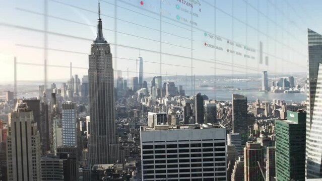 Animation of trading board and graphs over modern cityscape against clear sky