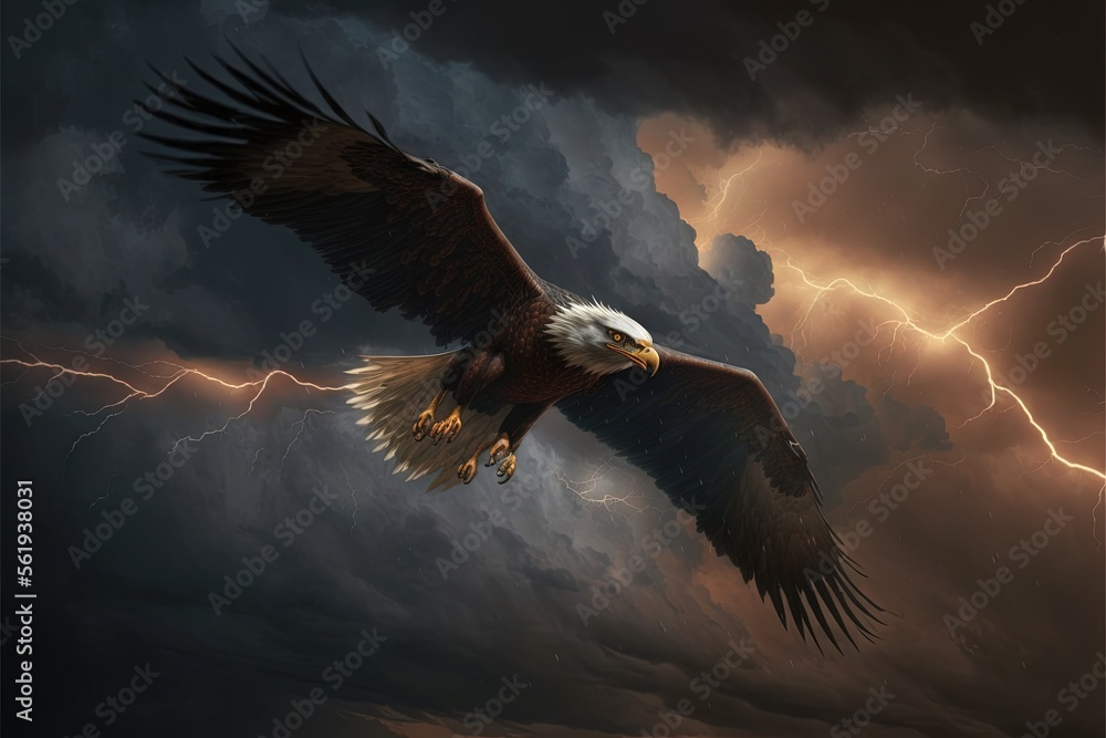 Poster a bald eagle flying through a cloudy sky with lightning behind it and a dark cloud filled with light