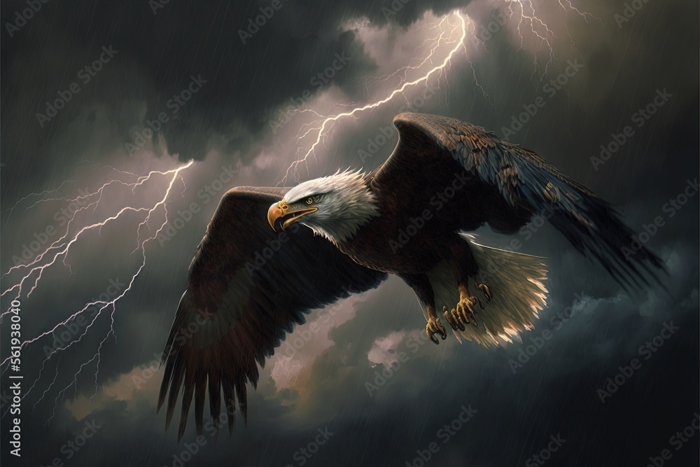 Poster a bald eagle flying through a cloudy sky with lightning behind it and a lightning bolt in the sky ab