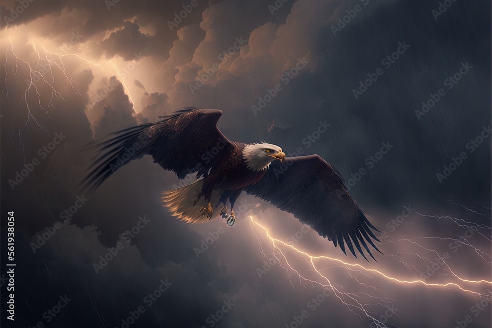 Aufkleber a bald eagle flying through a stormy sky with lightning behind it and a lightning bolt in the sky ab