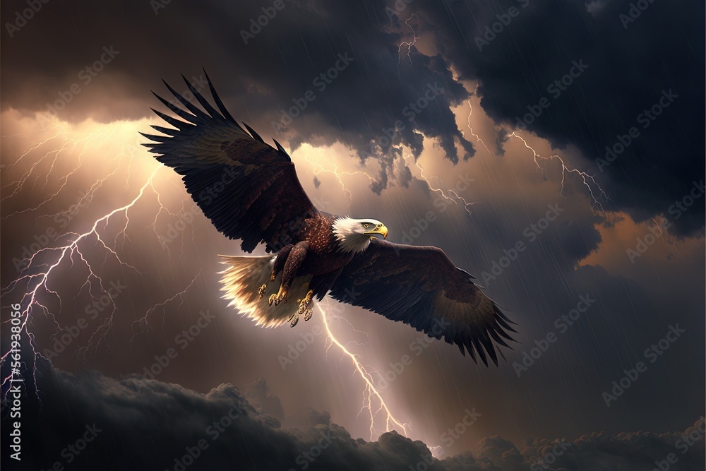 Poster a bald eagle flying through a cloudy sky with lightning behind it and a lightning bolt in the sky ab
