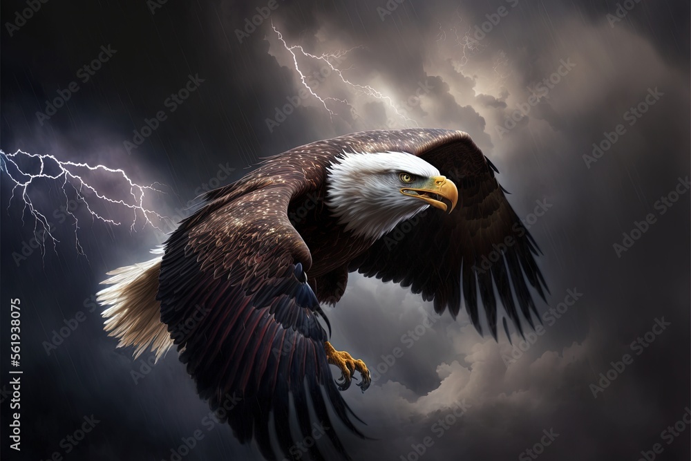 Poster a bald eagle flying through a cloudy sky with lightning behind it and a dark cloud filled sky behind